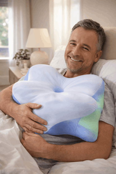 happy customer holding Derila Ergo pillow and smiling after improved sleep experience