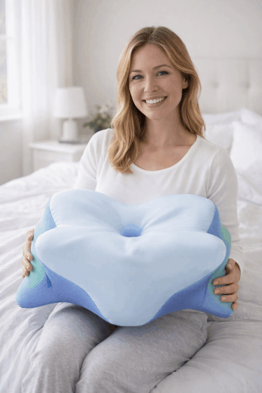 woman relaxing in bed using Derila Ergo pillow with better neck support