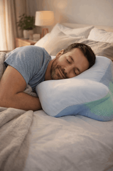 man waking up refreshed after using Derila Ergo Ergonomics memory foam pillow